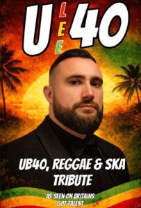 A man in a suit poses in front of a reggae-themed sunset with text about a UB40 tribute act.