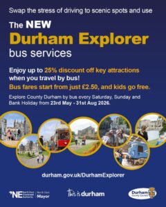 Poster for Durham Explorer bus with images of buses, attractions, and travel discount information.