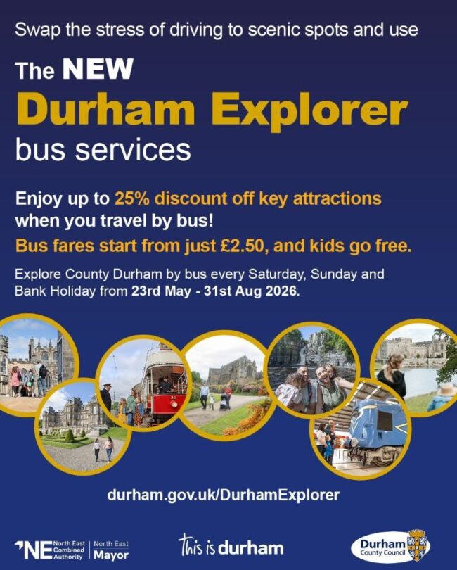 Poster for Durham Explorer bus with images of buses, attractions, and travel discount information.