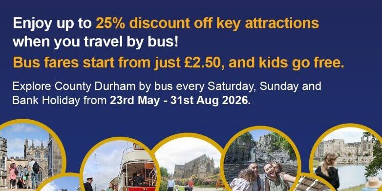 Poster for Durham Explorer bus with images of buses, attractions, and travel discount information.
