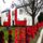 A white building decorated with large red poppy displays and a soldier silhouette.