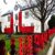A white building decorated with large red poppy displays and a soldier silhouette.