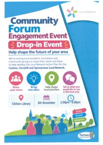 Flyer for a community forum drop-in event in Chilton Library on 5 November, 1:00pm–5:00pm.